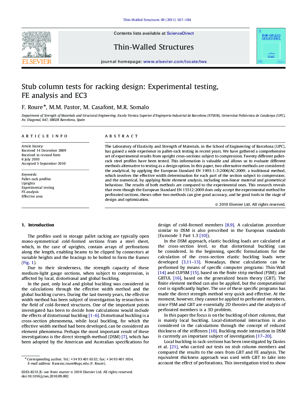 Stub column tests for racking design: Experimental testing, FE analysis and EC3