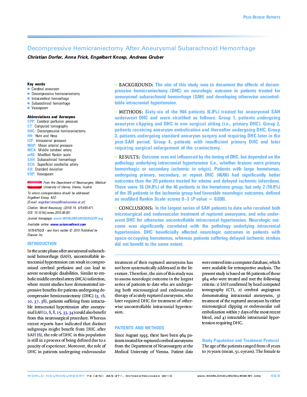 Decompressive Hemicraniectomy After Aneurysmal Subarachnoid Hemorrhage