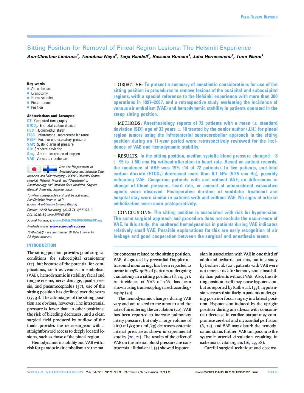 Sitting Position for Removal of Pineal Region Lesions: The Helsinki Experience