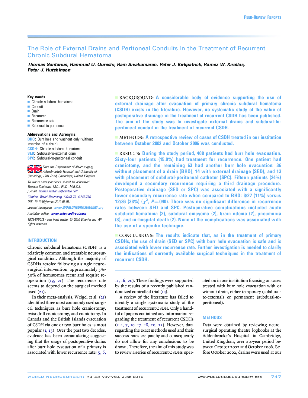 The Role of External Drains and Peritoneal Conduits in the Treatment of Recurrent Chronic Subdural Hematoma