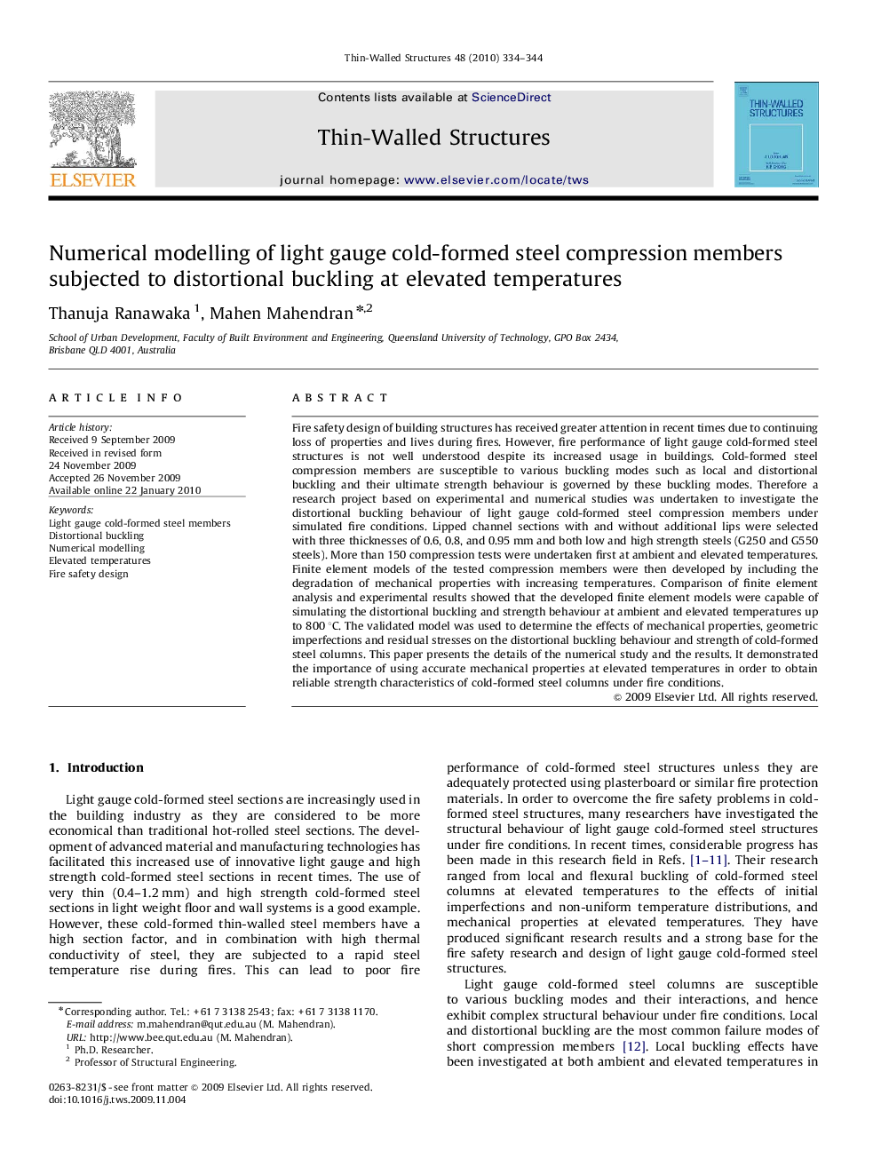 Numerical modelling of light gauge cold-formed steel compression members subjected to distortional buckling at elevated temperatures