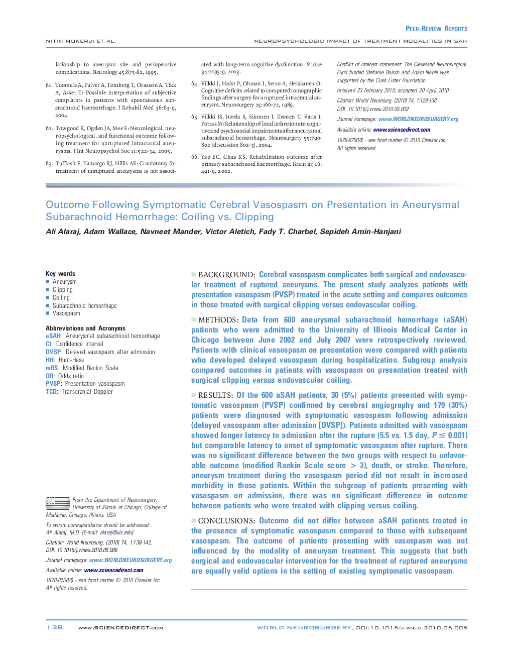 Outcome Following Symptomatic Cerebral Vasospasm on Presentation in Aneurysmal Subarachnoid Hemorrhage: Coiling vs. Clipping