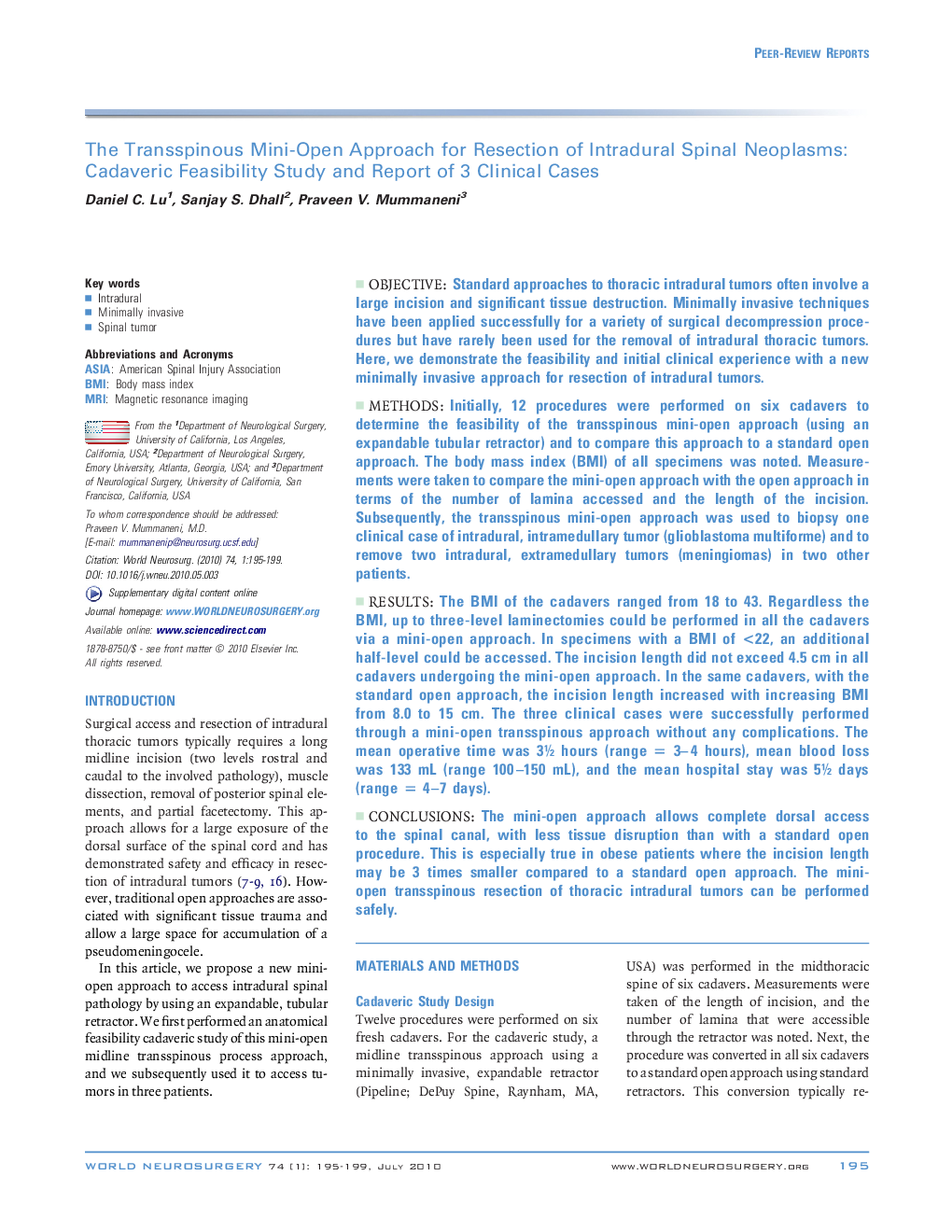 The Transspinous Mini-Open Approach for Resection of Intradural Spinal Neoplasms: Cadaveric Feasibility Study and Report of 3 Clinical Cases 