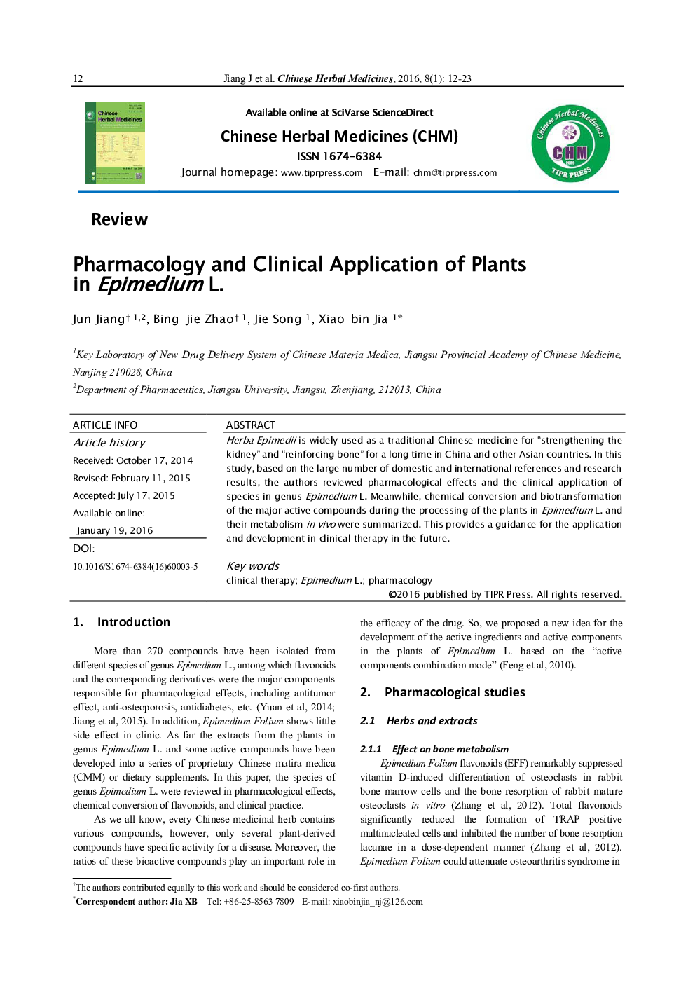 Pharmacology and Clinical Application of Plants in Epimedium L. 