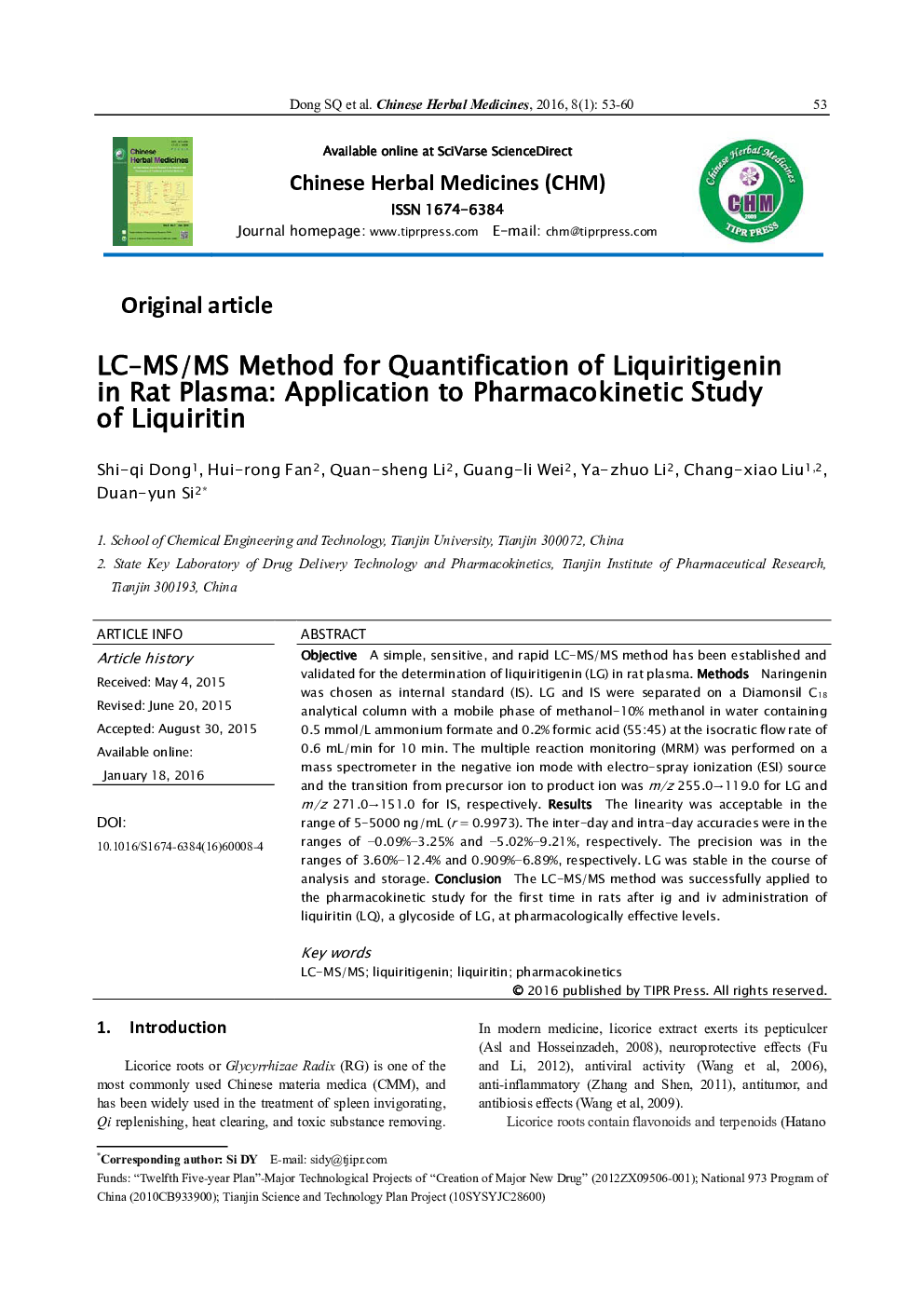 LC–MS/MS Method for Quantification of Liquiritigenin in Rat Plasma: Application to Pharmacokinetic Study of Liquiritin 