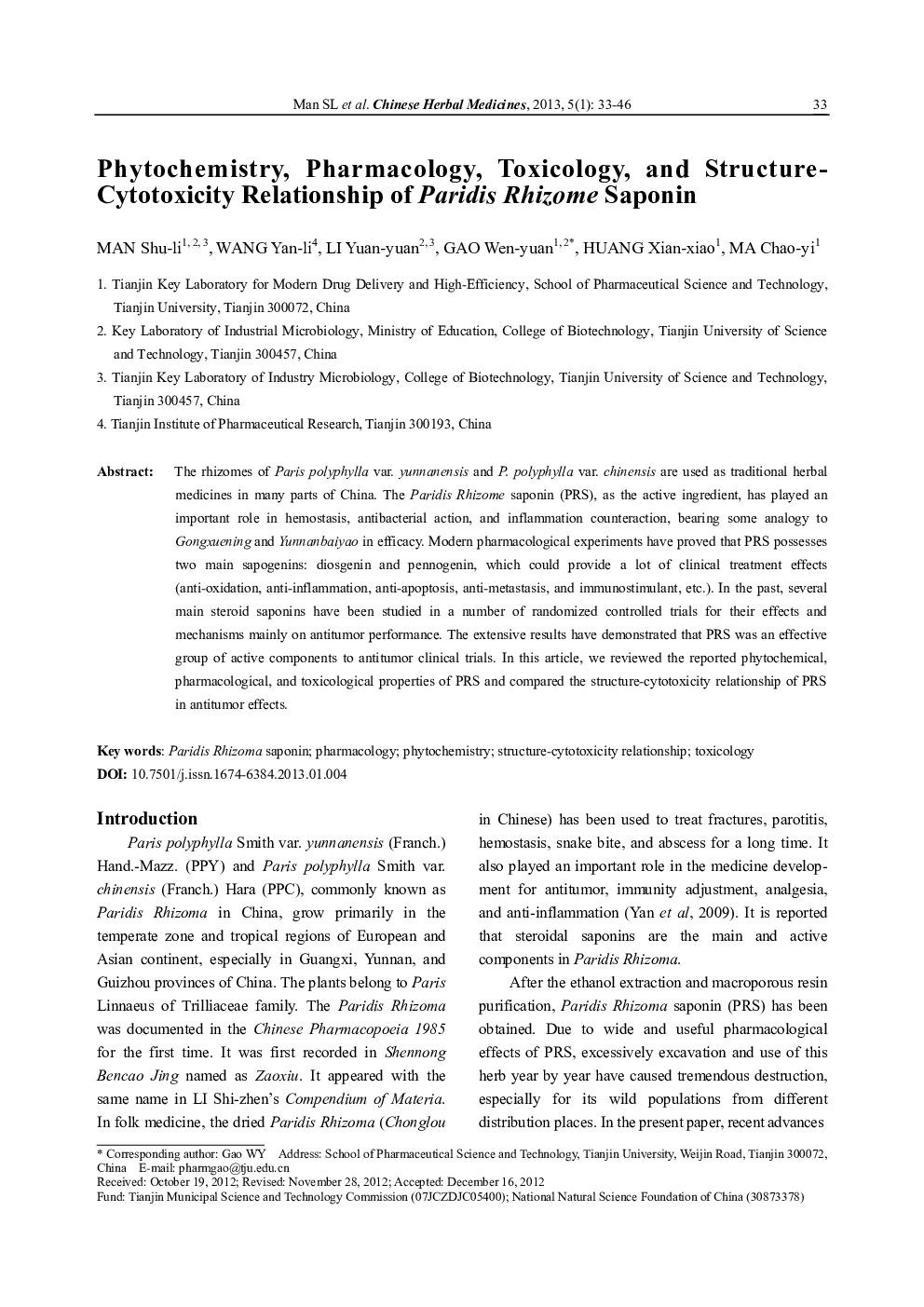Phytochemistry, Pharmacology, Toxicology, and Structure-Cytotoxicity Relationship of Paridis Rhizome Saponin 