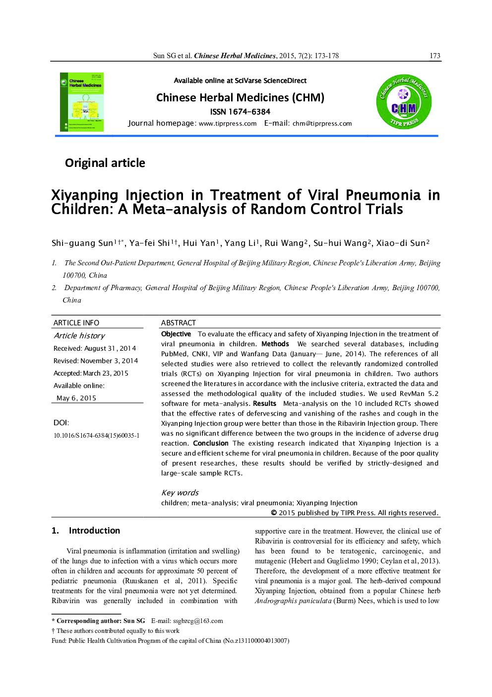 Xiyanping Injection in Treatment of Viral Pneumonia in Children: A Meta-analysis of Random Control Trials 