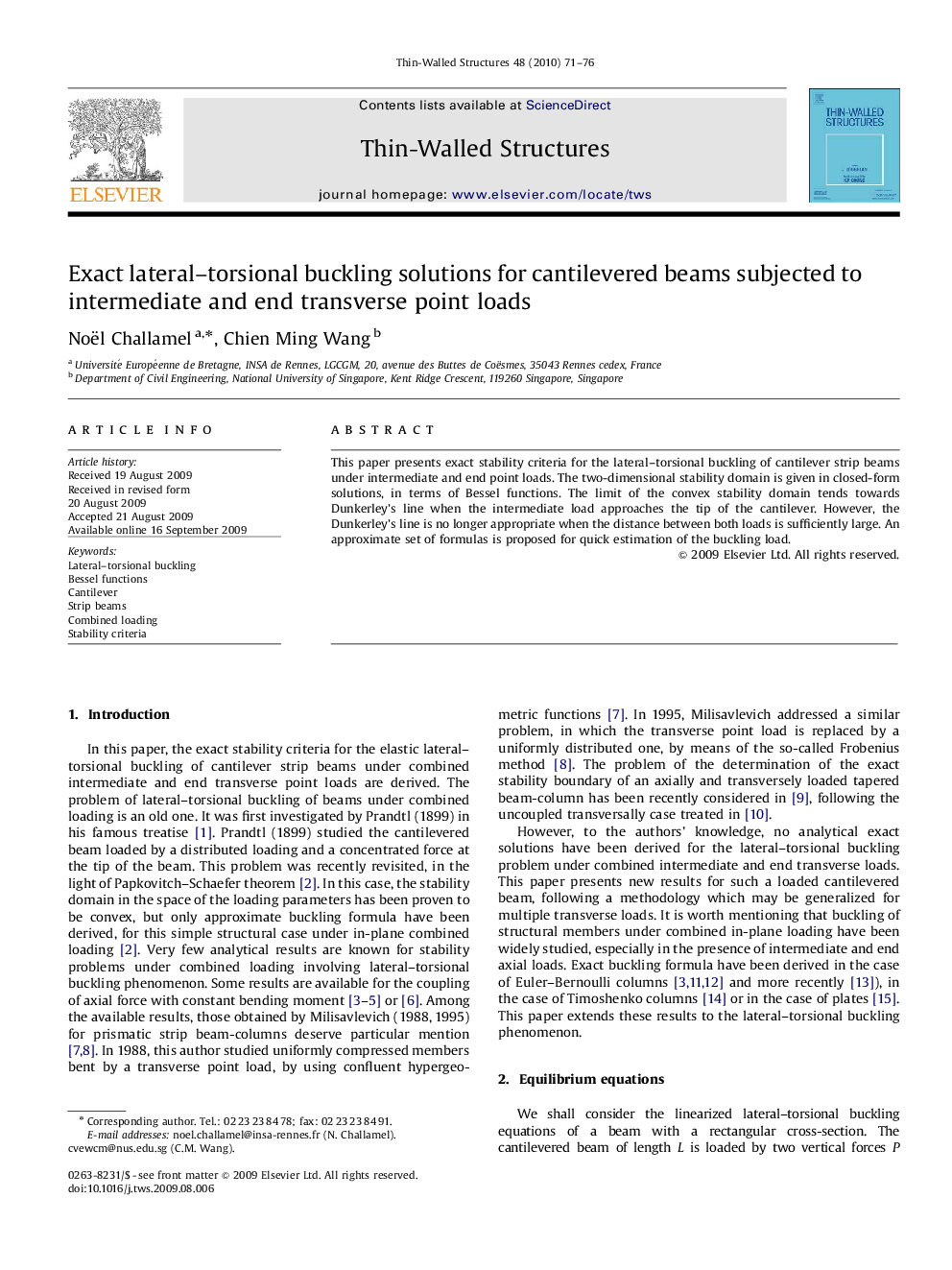 Exact lateral–torsional buckling solutions for cantilevered beams subjected to intermediate and end transverse point loads