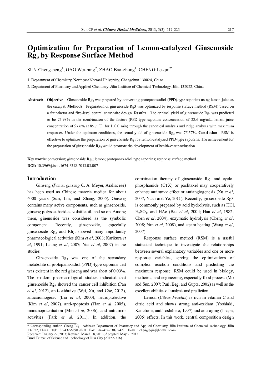 Optimization for Preparation of Lemon-catalyzed Ginsenoside Rg3 by Response Surface Method 