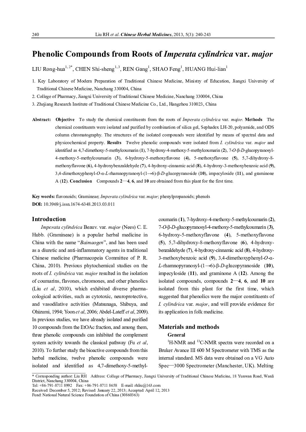 Phenolic Compounds from Roots of Imperata cylindrica var. major 