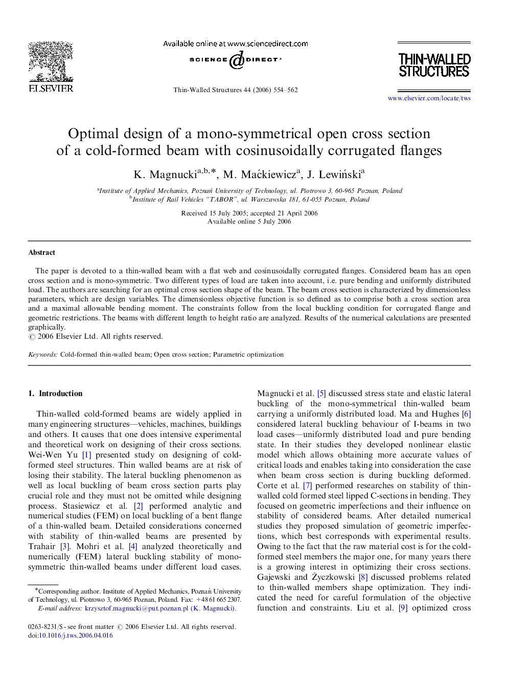 Optimal design of a mono-symmetrical open cross section of a cold-formed beam with cosinusoidally corrugated flanges