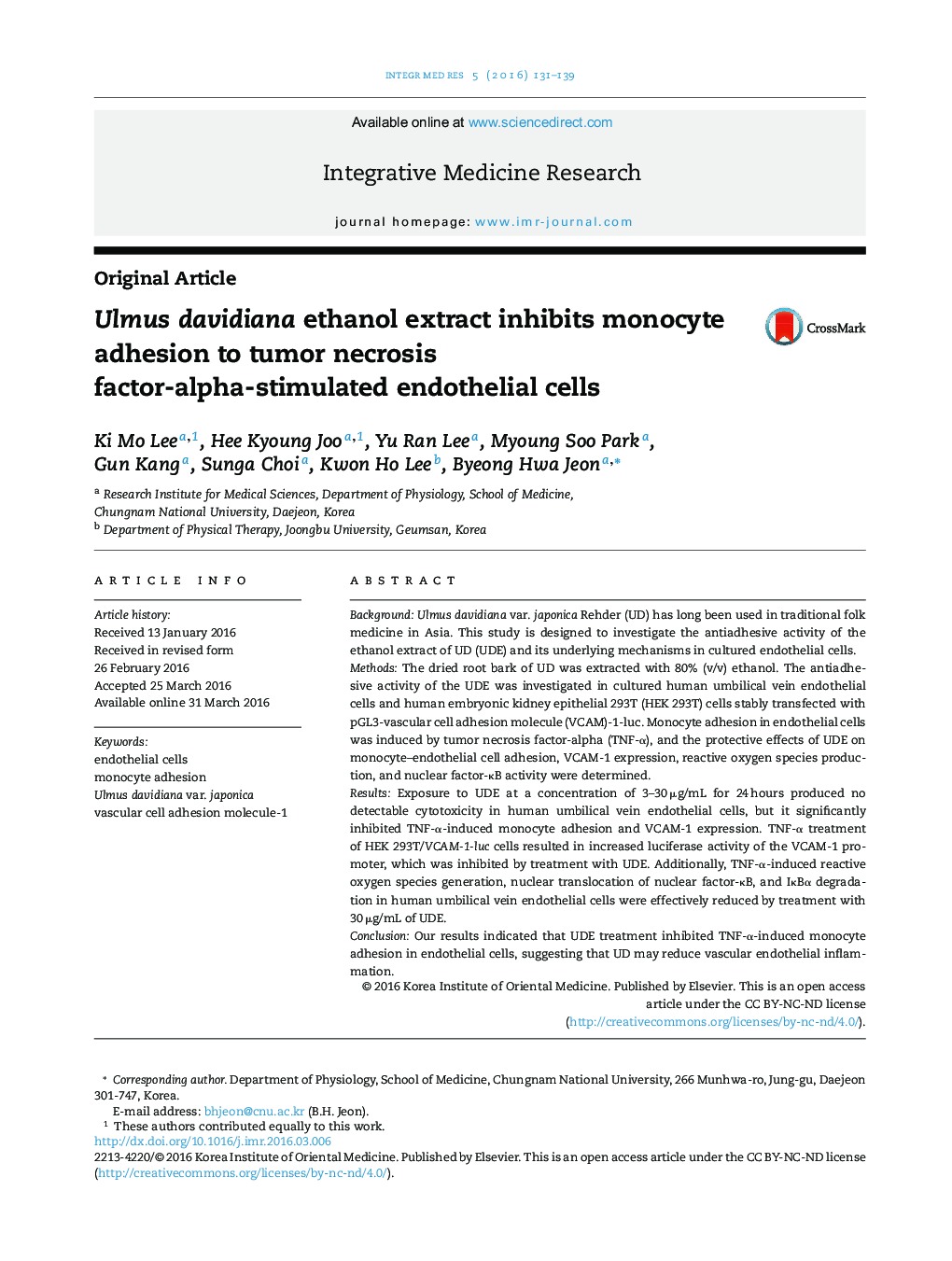 Ulmus davidiana ethanol extract inhibits monocyte adhesion to tumor necrosis factor-alpha-stimulated endothelial cells