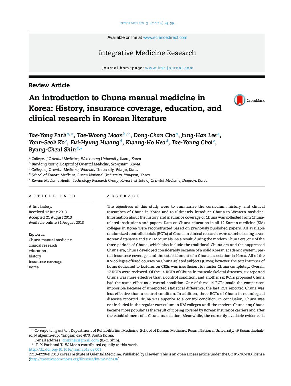 An introduction to Chuna manual medicine in Korea: History, insurance coverage, education, and clinical research in Korean literature