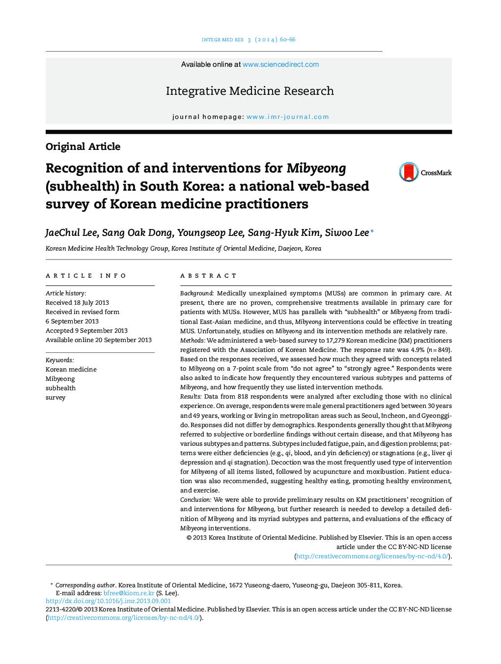 Recognition of and interventions for Mibyeong (subhealth) in South Korea: a national web-based survey of Korean medicine practitioners