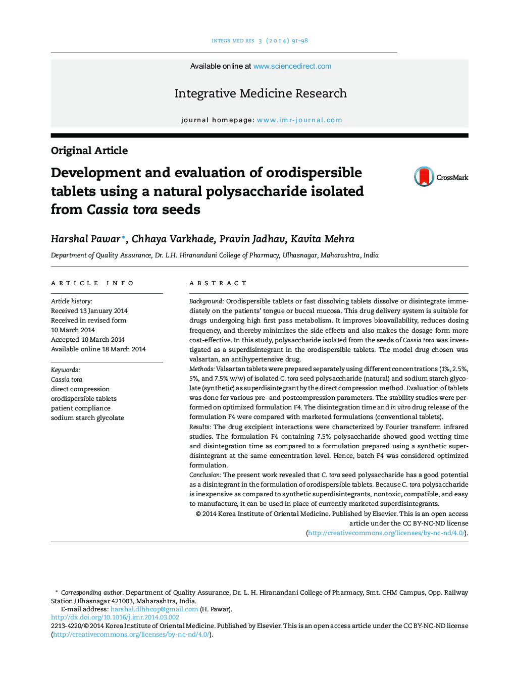 Development and evaluation of orodispersible tablets using a natural polysaccharide isolated from Cassia tora seeds