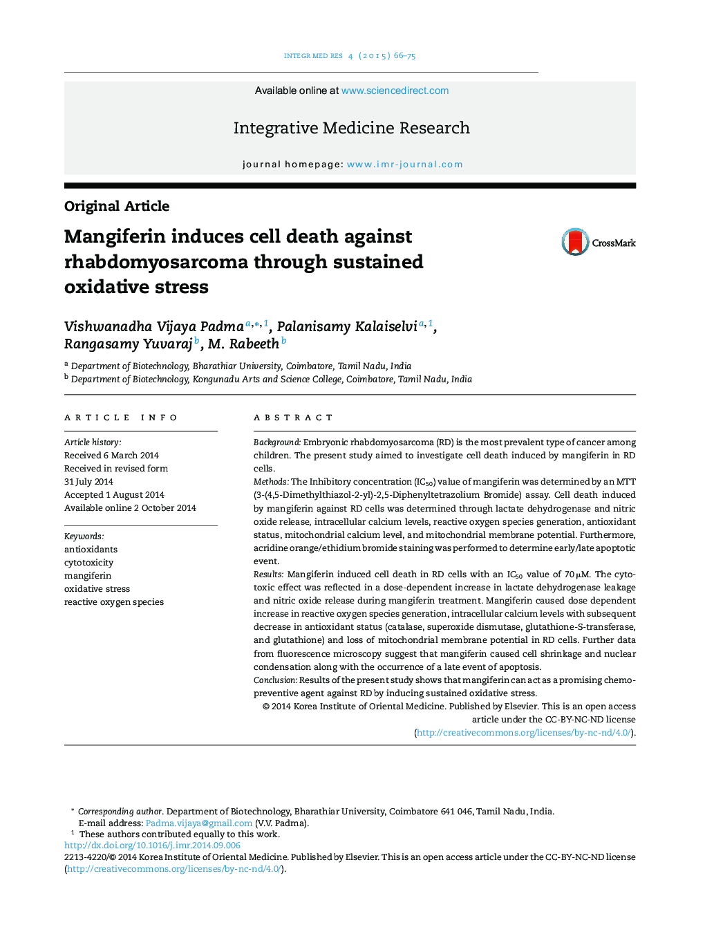 Mangiferin induces cell death against rhabdomyosarcoma through sustained oxidative stress
