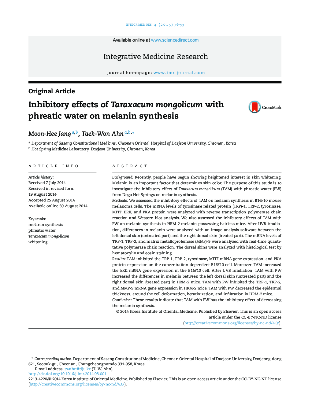 Inhibitory effects of Taraxacum mongolicum with phreatic water on melanin synthesis