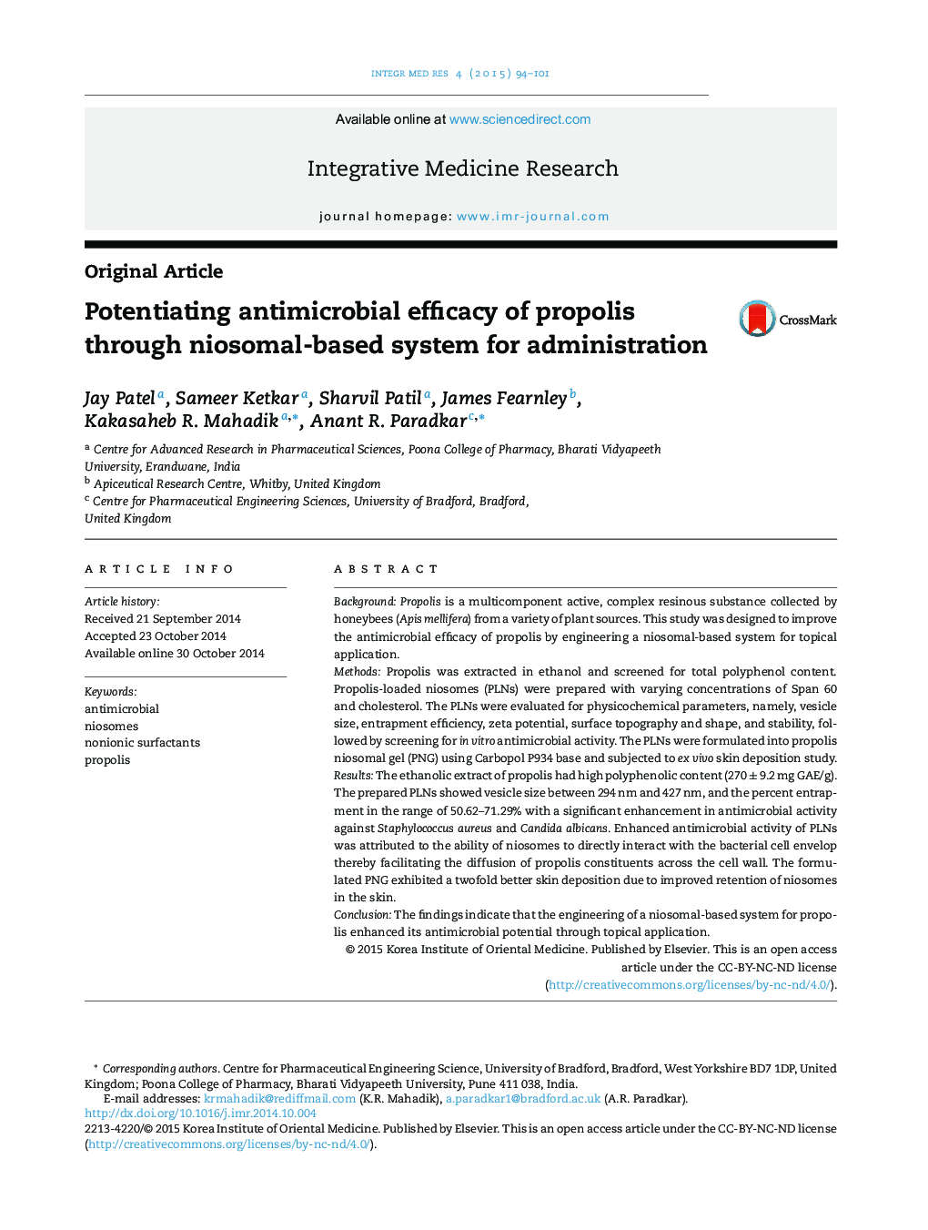 Potentiating antimicrobial efficacy of propolis through niosomal-based system for administration