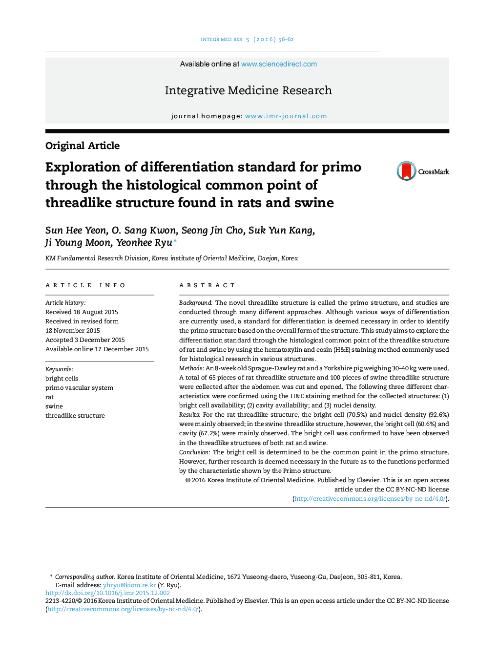 Exploration of differentiation standard for primo through the histological common point of threadlike structure found in rats and swine