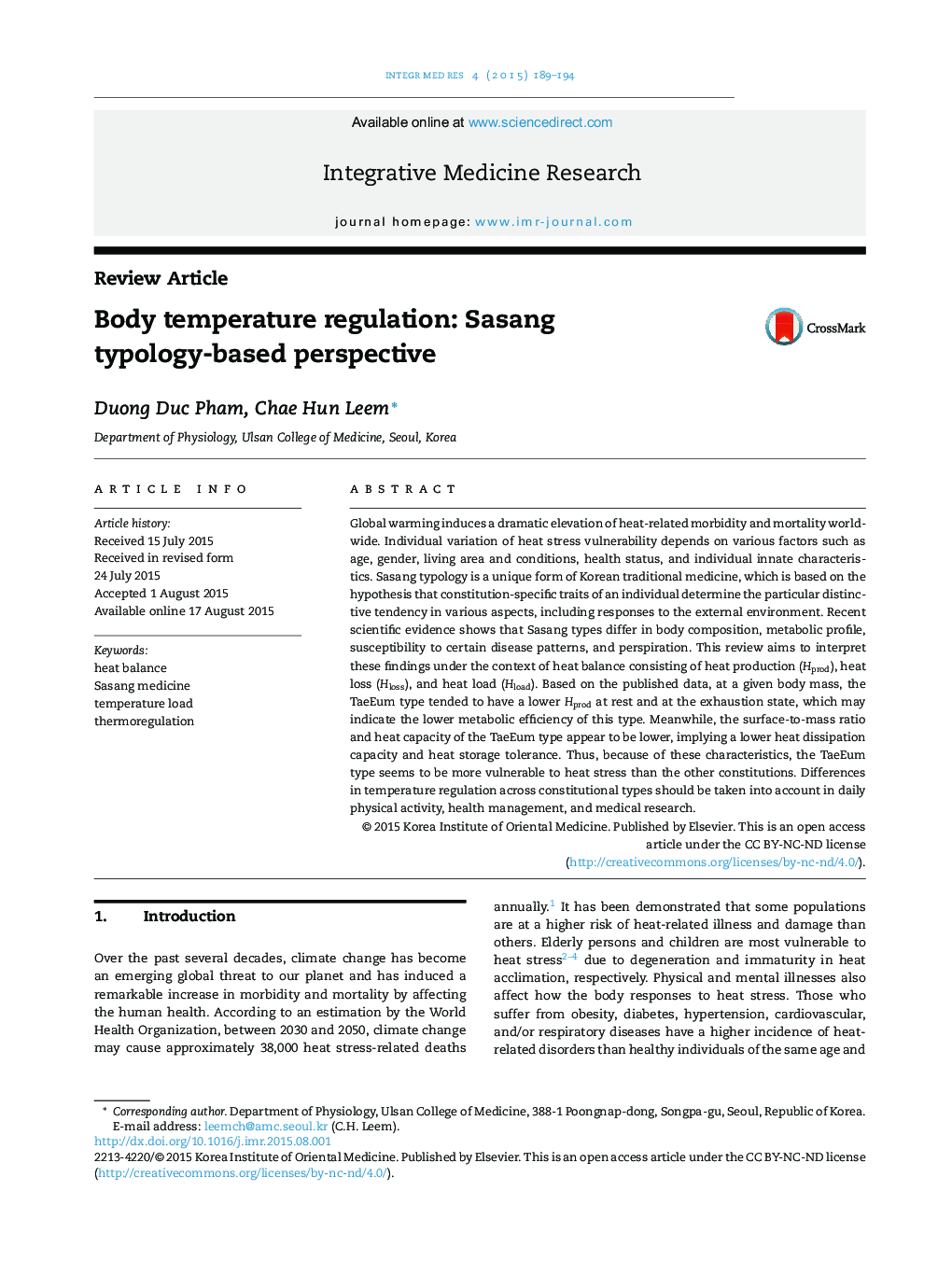 Body temperature regulation: Sasang typology-based perspective