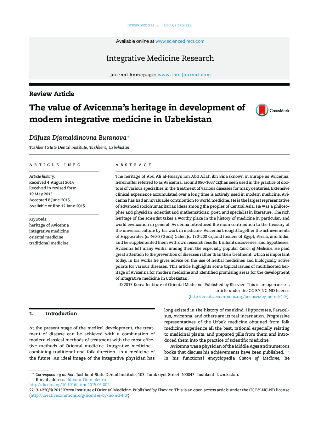 The value of Avicenna's heritage in development of modern integrative medicine in Uzbekistan