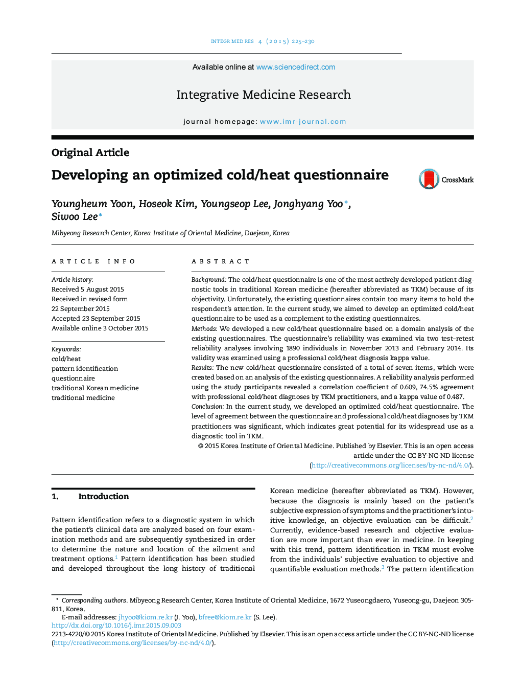 Developing an optimized cold/heat questionnaire