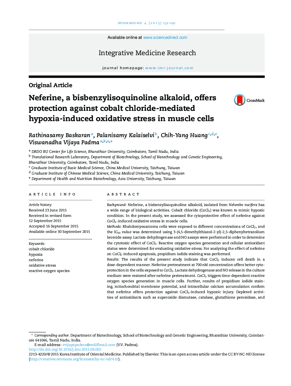 Neferine, a bisbenzylisoquinoline alkaloid, offers protection against cobalt chloride-mediated hypoxia-induced oxidative stress in muscle cells
