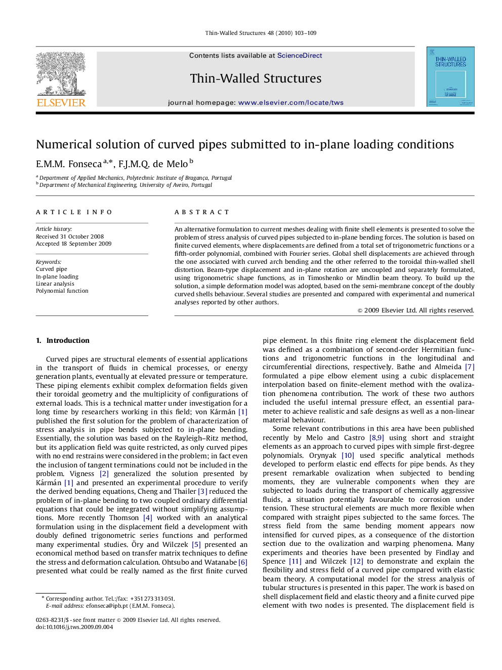 Numerical solution of curved pipes submitted to in-plane loading conditions