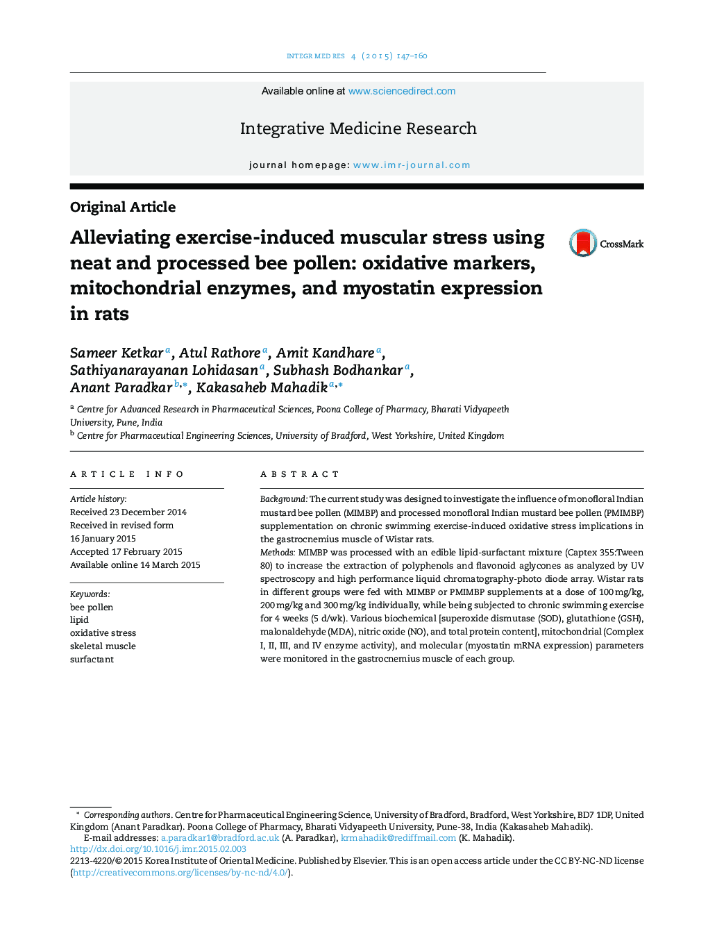 Alleviating exercise-induced muscular stress using neat and processed bee pollen: oxidative markers, mitochondrial enzymes, and myostatin expression in rats