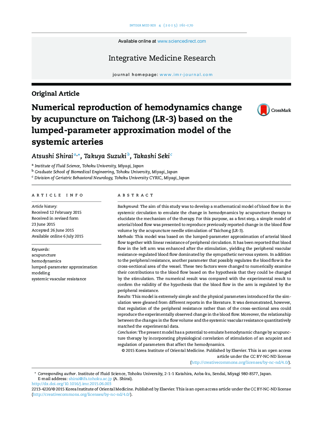 Numerical reproduction of hemodynamics change by acupuncture on Taichong (LR-3) based on the lumped-parameter approximation model of the systemic arteries