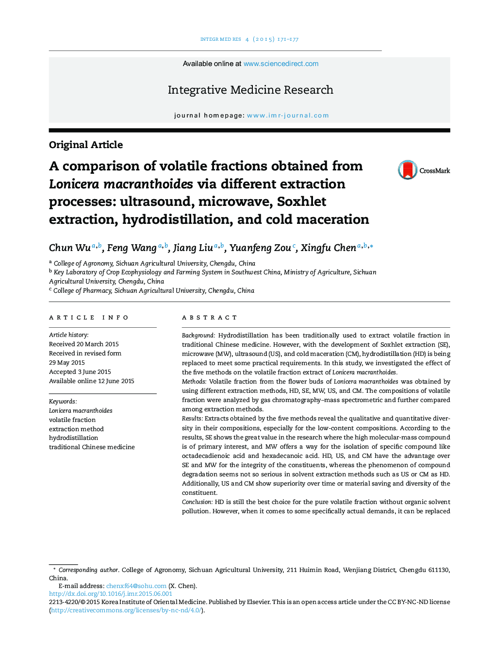 A comparison of volatile fractions obtained from Lonicera macranthoides via different extraction processes: ultrasound, microwave, Soxhlet extraction, hydrodistillation, and cold maceration