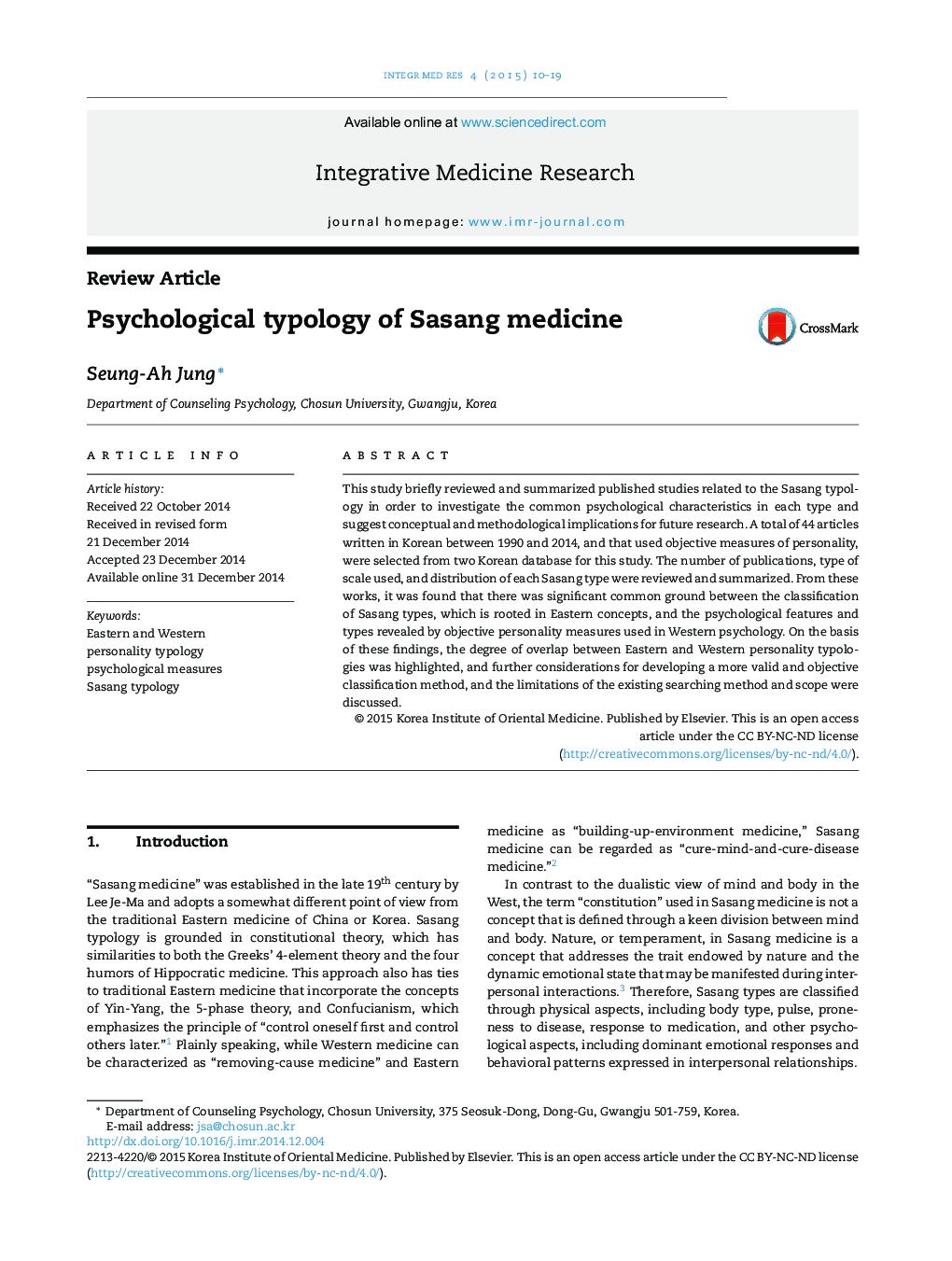 Psychological typology of Sasang medicine