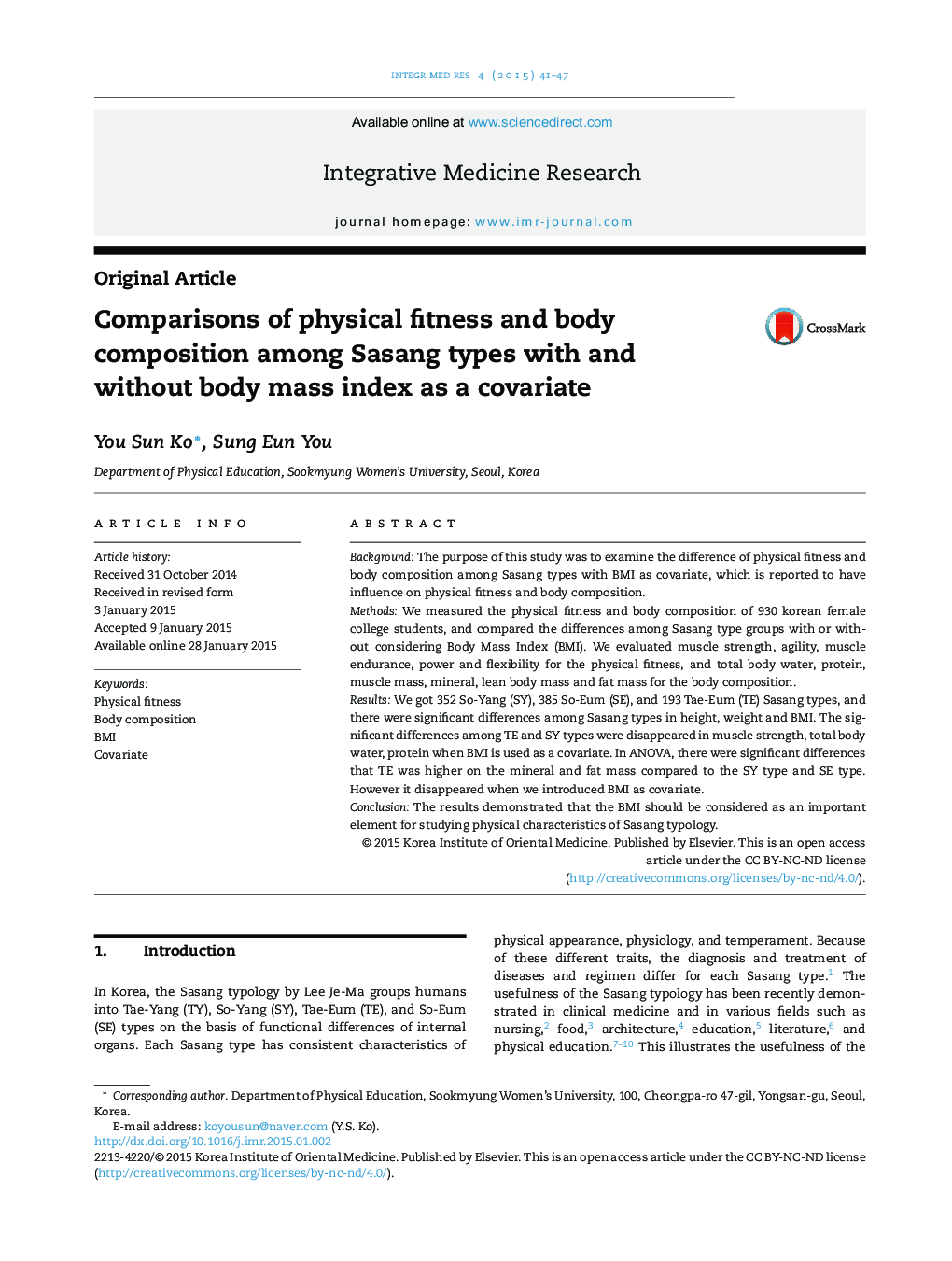 Comparisons of physical fitness and body composition among Sasang types with and without body mass index as a covariate