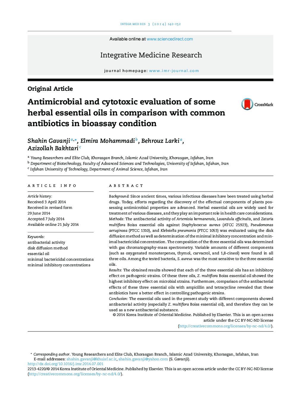Antimicrobial and cytotoxic evaluation of some herbal essential oils in comparison with common antibiotics in bioassay condition