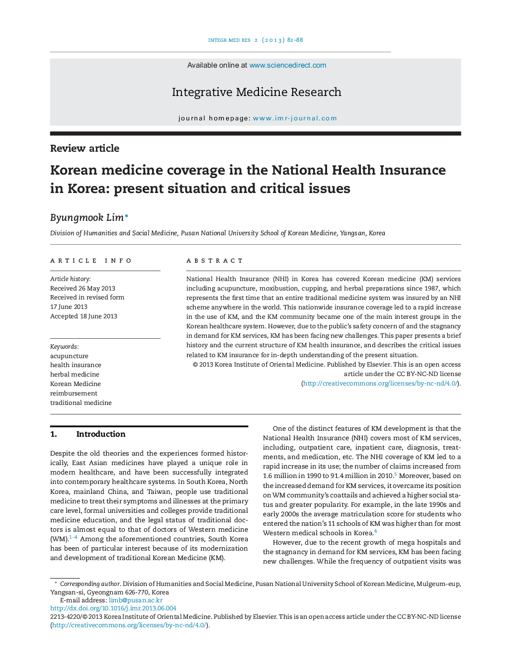 Korean medicine coverage in the National Health Insurance in Korea: present situation and critical issues