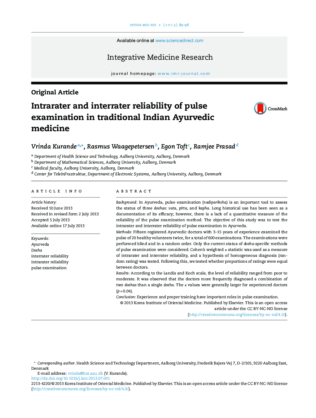 Intrarater and interrater reliability of pulse examination in traditional Indian Ayurvedic medicine