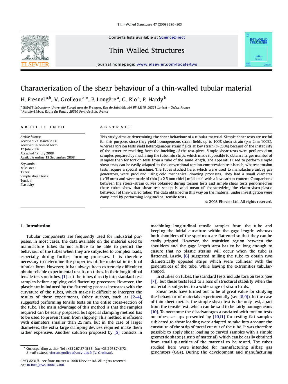 Characterization of the shear behaviour of a thin-walled tubular material