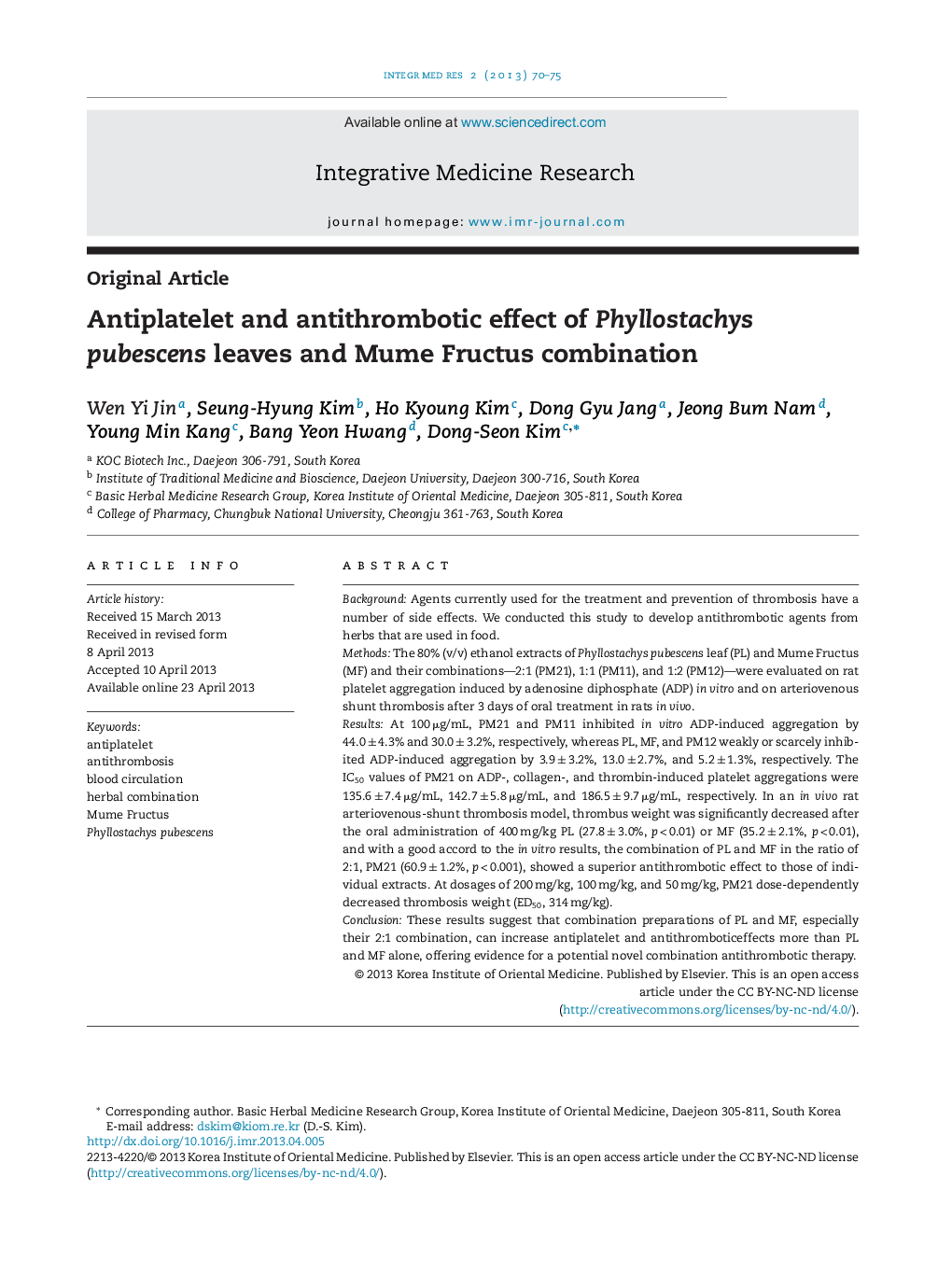 Antiplatelet and antithrombotic effect of Phyllostachys pubescens leaves and Mume Fructus combination