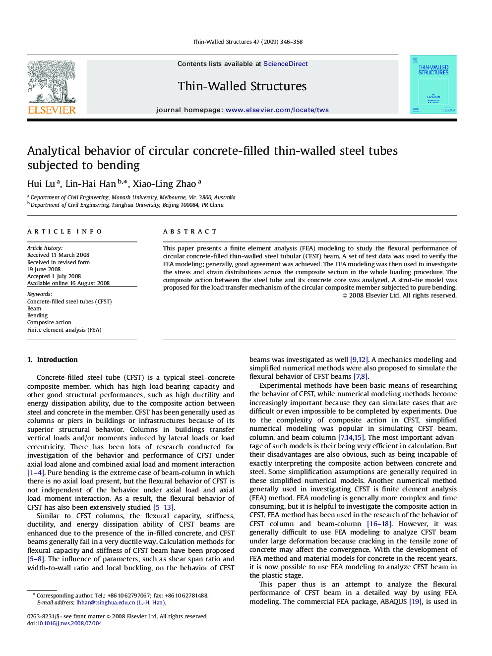 Analytical behavior of circular concrete-filled thin-walled steel tubes subjected to bending