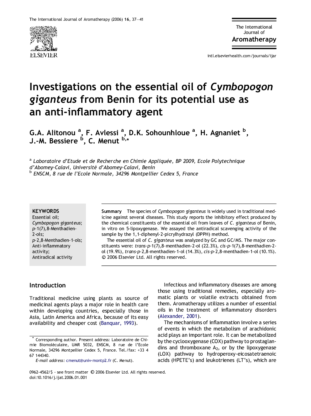 Investigations on the essential oil of Cymbopogon giganteus from Benin for its potential use as an anti-inflammatory agent