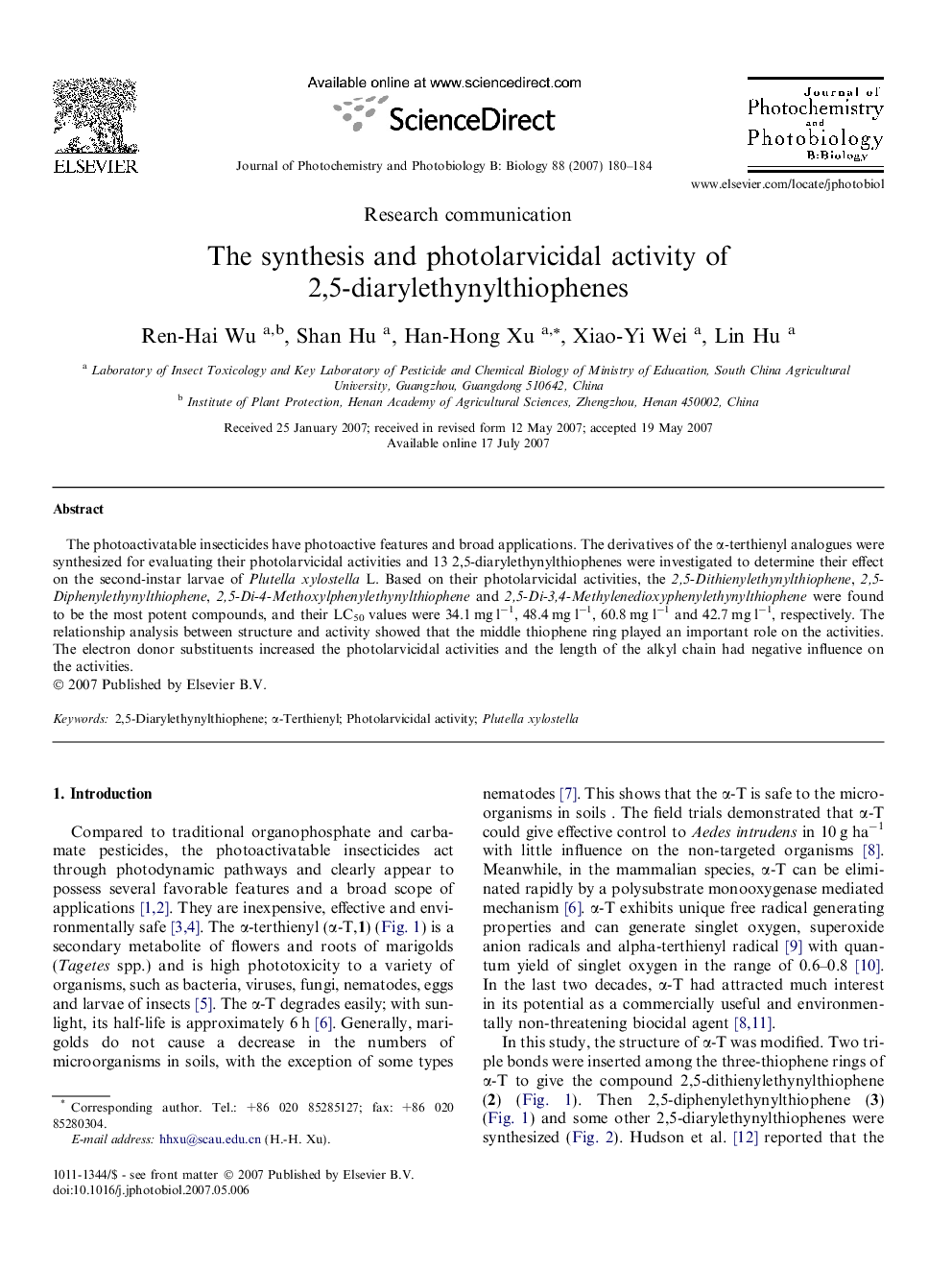 The synthesis and photolarvicidal activity of 2,5-diarylethynylthiophenes