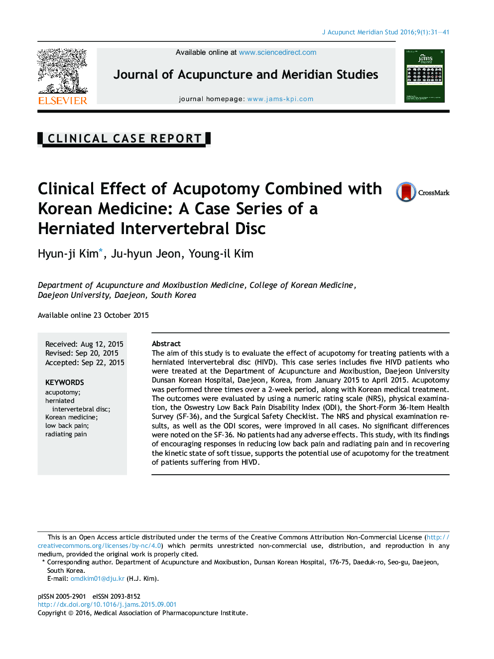 Clinical Effect of Acupotomy Combined with Korean Medicine: A Case Series of a Herniated Intervertebral Disc 
