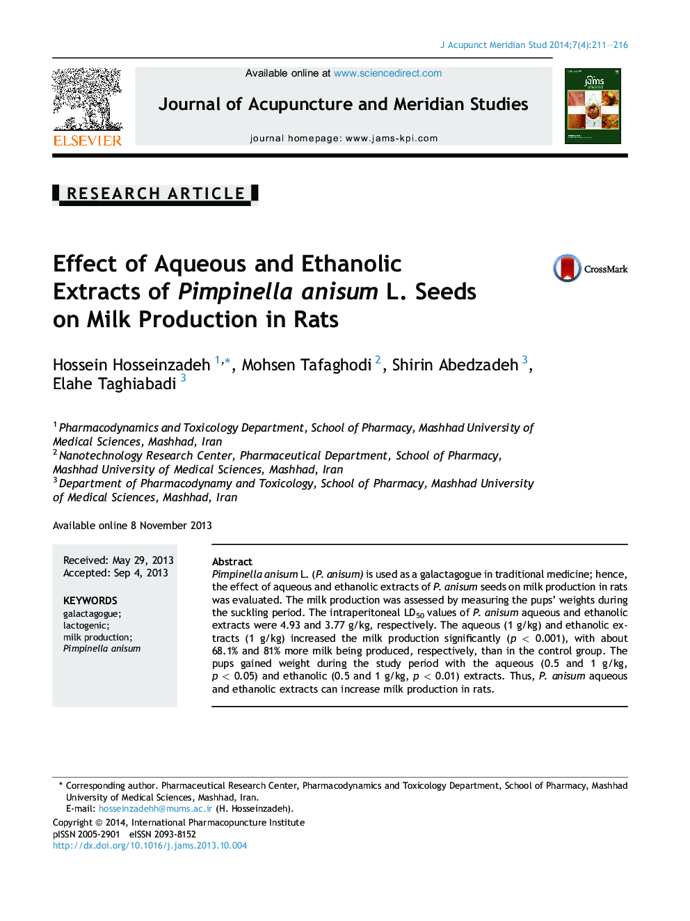 Effect of Aqueous and Ethanolic Extracts of Pimpinella anisum L. Seeds on Milk Production in Rats