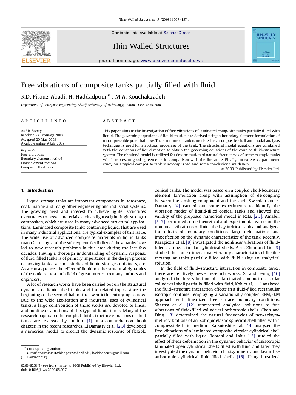 Free vibrations of composite tanks partially filled with fluid