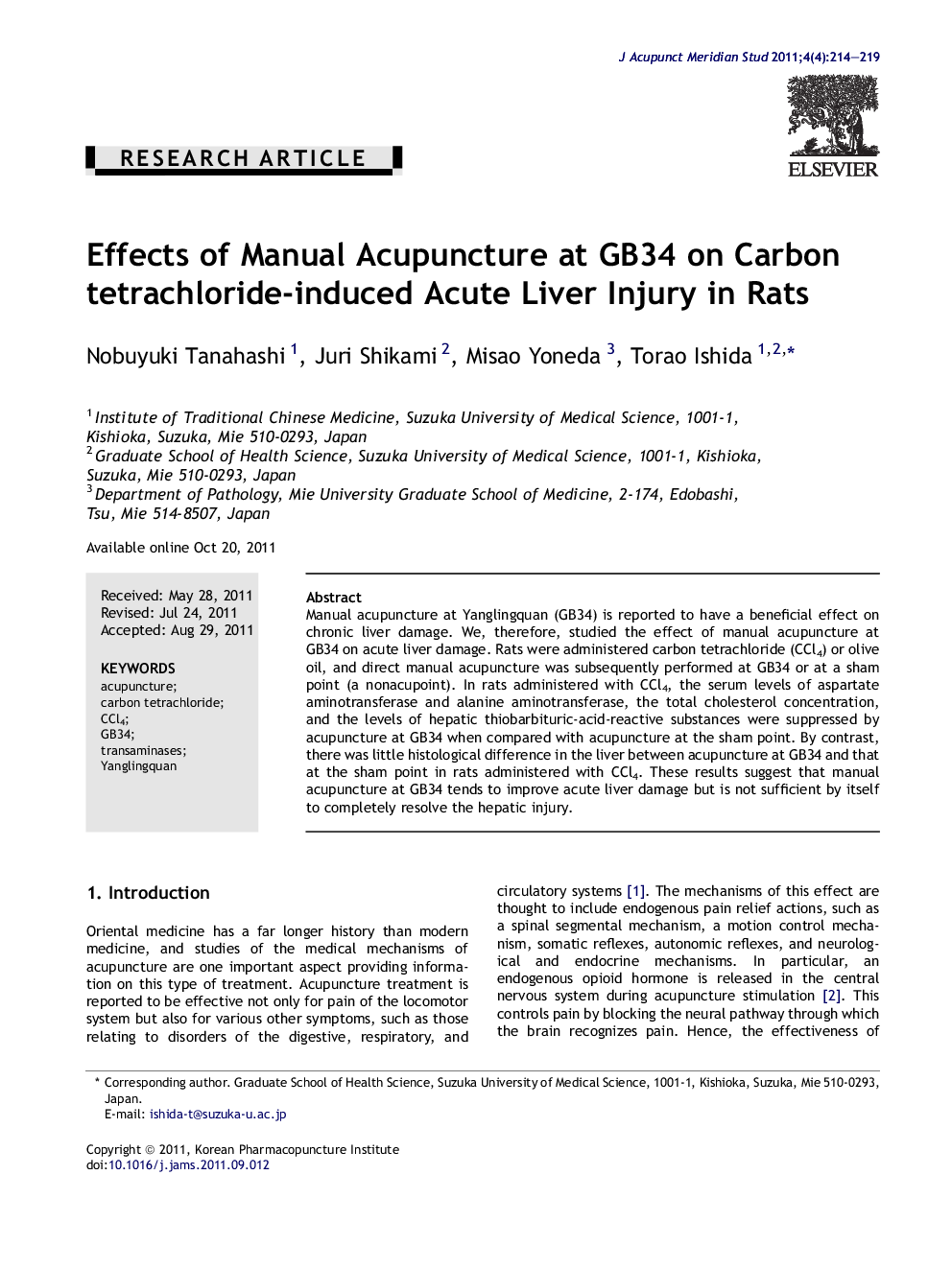 Effects of Manual Acupuncture at GB34 on Carbon tetrachloride-induced Acute Liver Injury in Rats