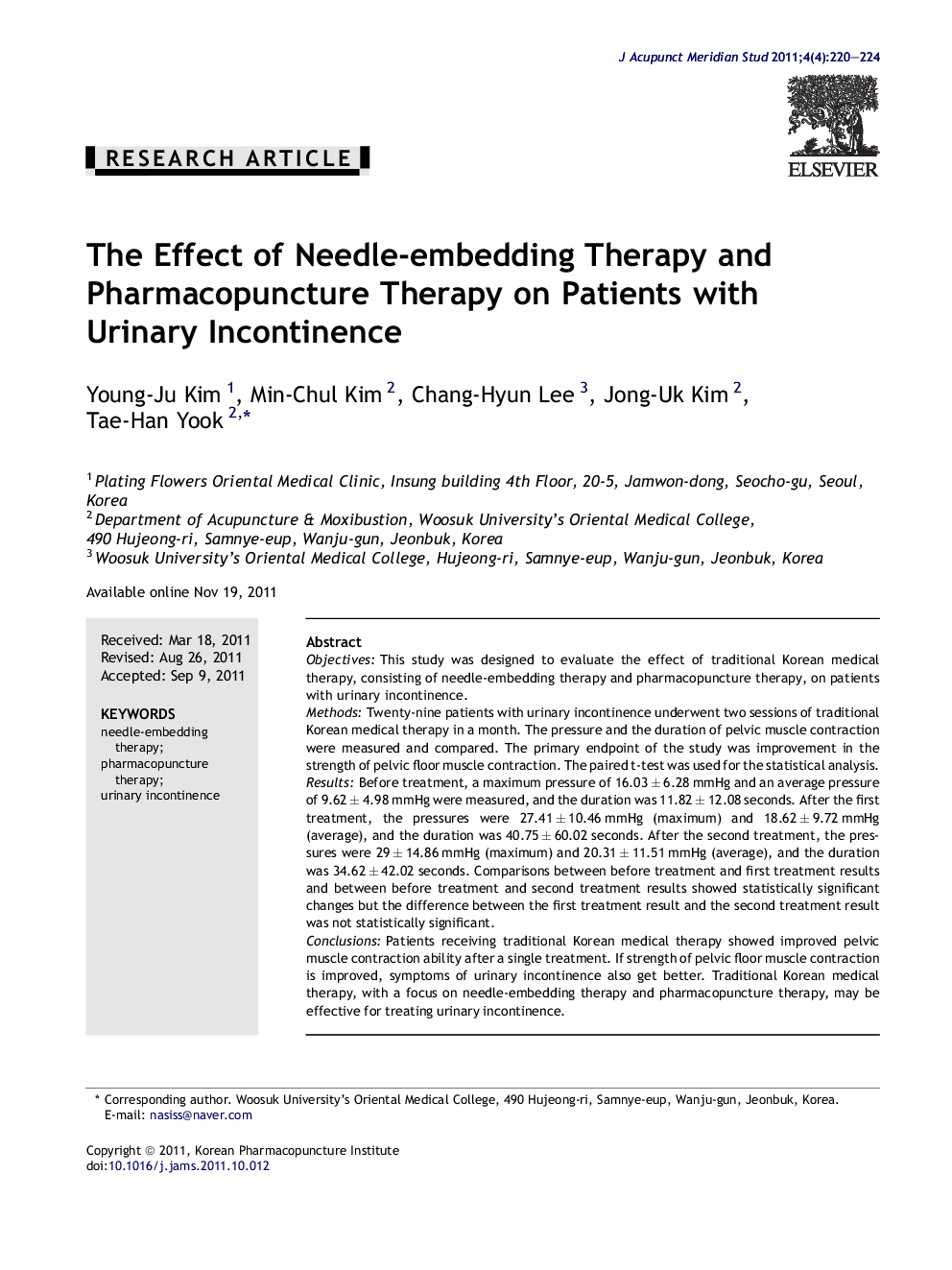عکس صفحه اول مقاله: The Effect of Needle-embedding Therapy and Pharmacopuncture Therapy on Patients with Urinary Incontinence The Effect of Needle-embedding Therapy and Pharmacopuncture Therapy on Patients with Urinary Incontinence