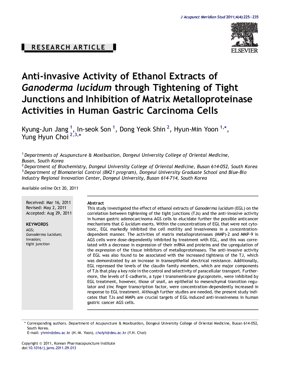 Anti-invasive Activity of Ethanol Extracts of Ganoderma lucidum through Tightening of Tight Junctions and Inhibition of Matrix Metalloproteinase Activities in Human Gastric Carcinoma Cells