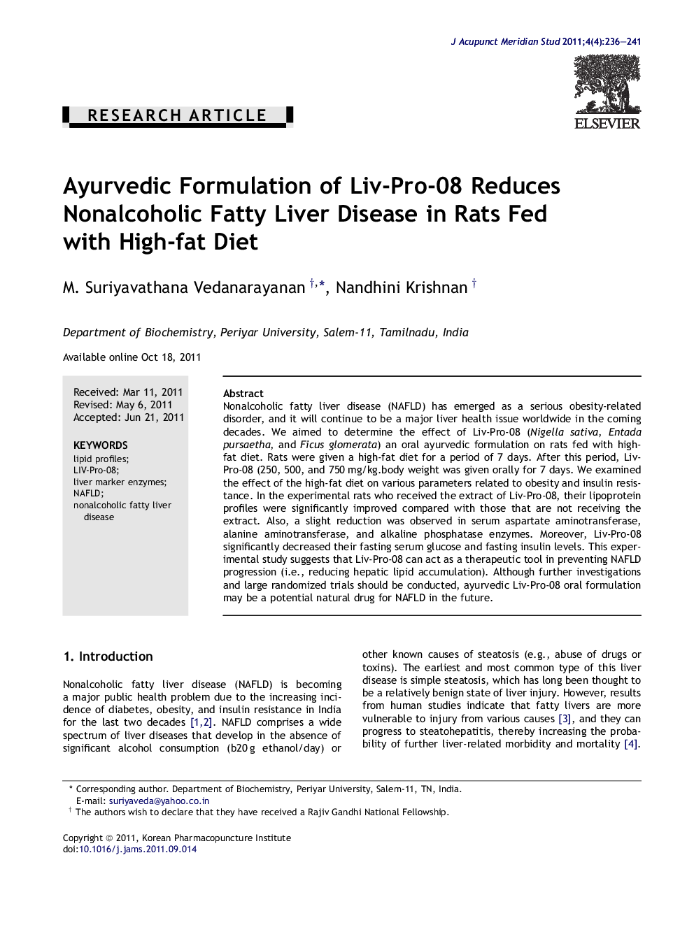 Ayurvedic Formulation of Liv-Pro-08 Reduces Nonalcoholic Fatty Liver Disease in Rats Fed with High-fat Diet