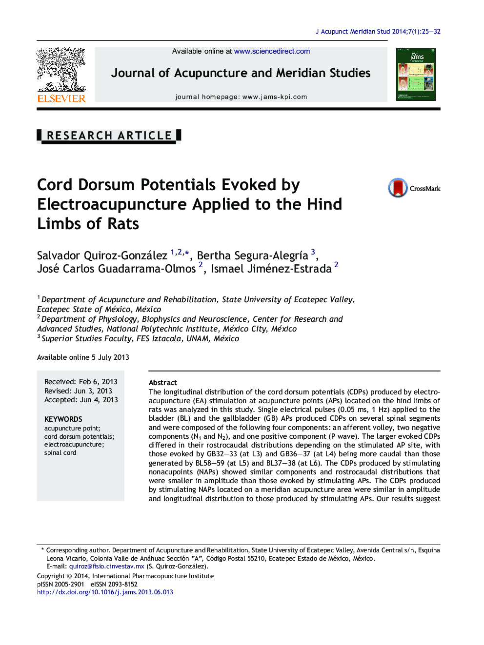Cord Dorsum Potentials Evoked by Electroacupuncture Applied to the Hind Limbs of Rats