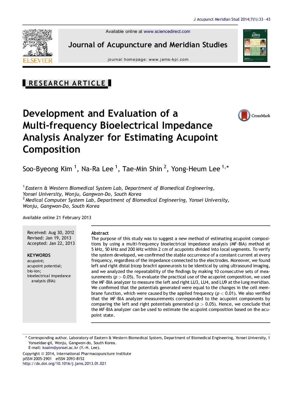 Development and Evaluation of a Multi-frequency Bioelectrical Impedance Analysis Analyzer for Estimating Acupoint Composition